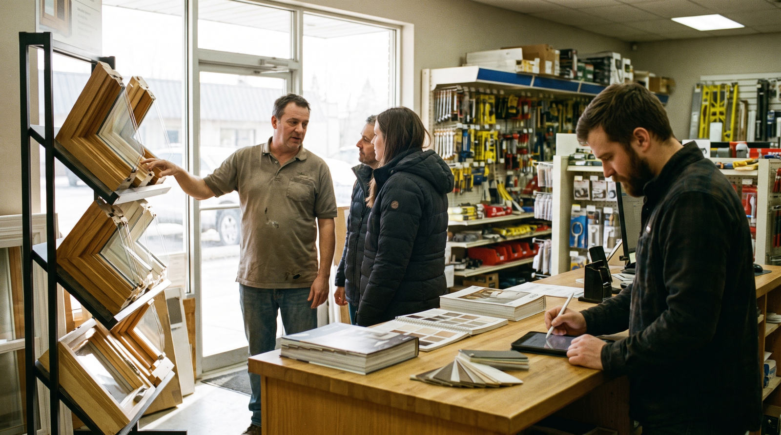 A showroom team member updating business details on a tablet while colleagues help a homeowner couple
