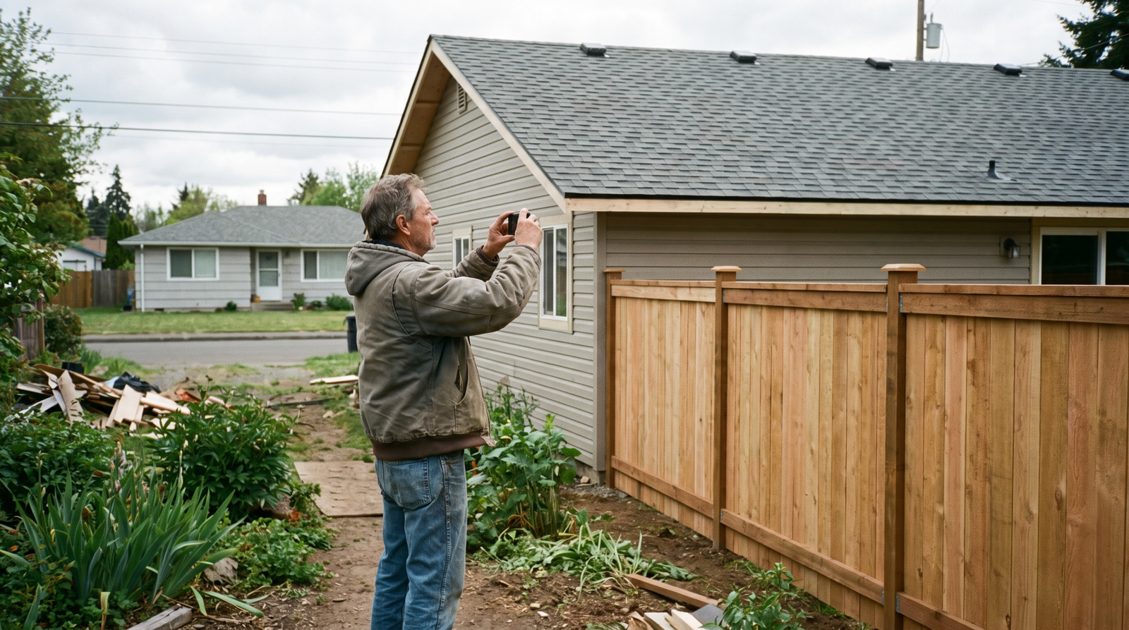 Contractor photographing a finished roof on a phone to build a project portfolio