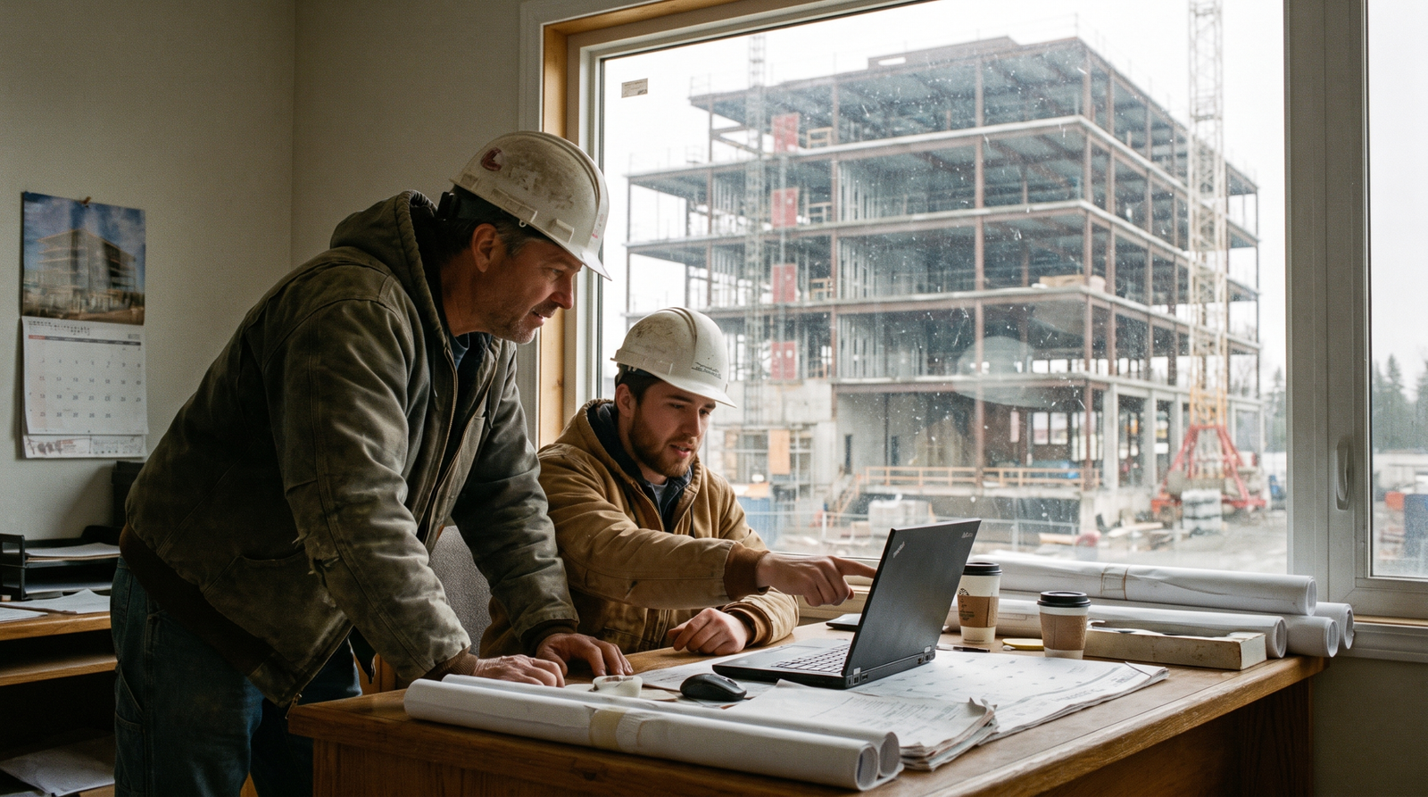 A construction company owner and project manager planning marketing priorities at a jobsite desk