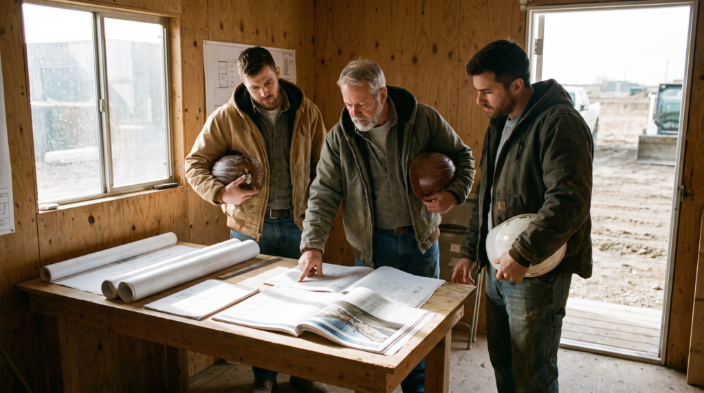 Construction company marketing plan review: an owner and two managers studying an annual plan in a site trailer