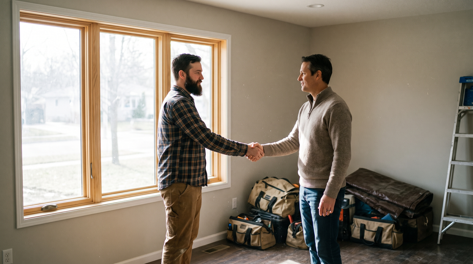 Installer shaking hands with a homeowner after a finished renovation, the result good marketing should bring