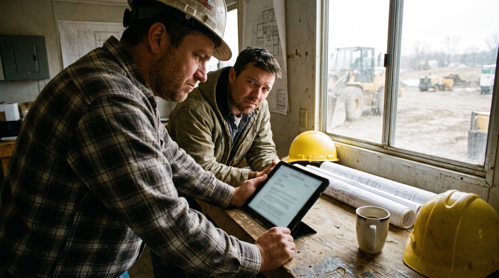 Construction company owner reviewing an agency proposal and spotting construction marketing agency red flags in a site trailer