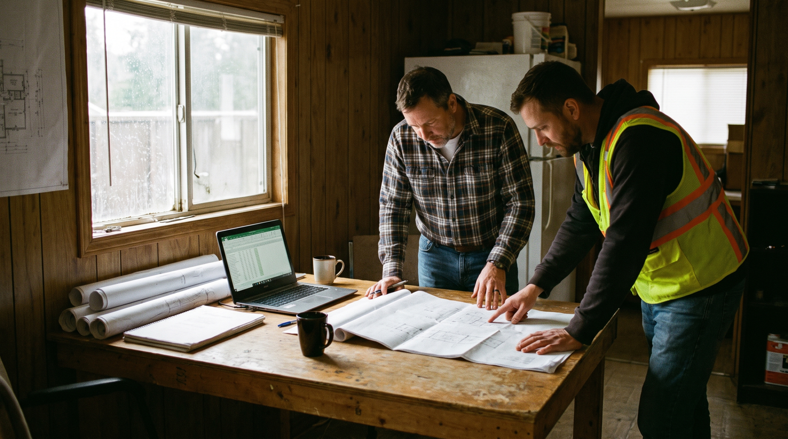 Estimator and project manager comparing drawings in a construction company trailer