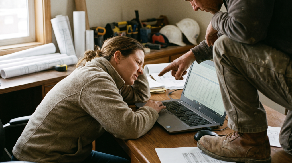 Construction SEO keywords reviewed on a laptop by a marketing specialist and a contractor