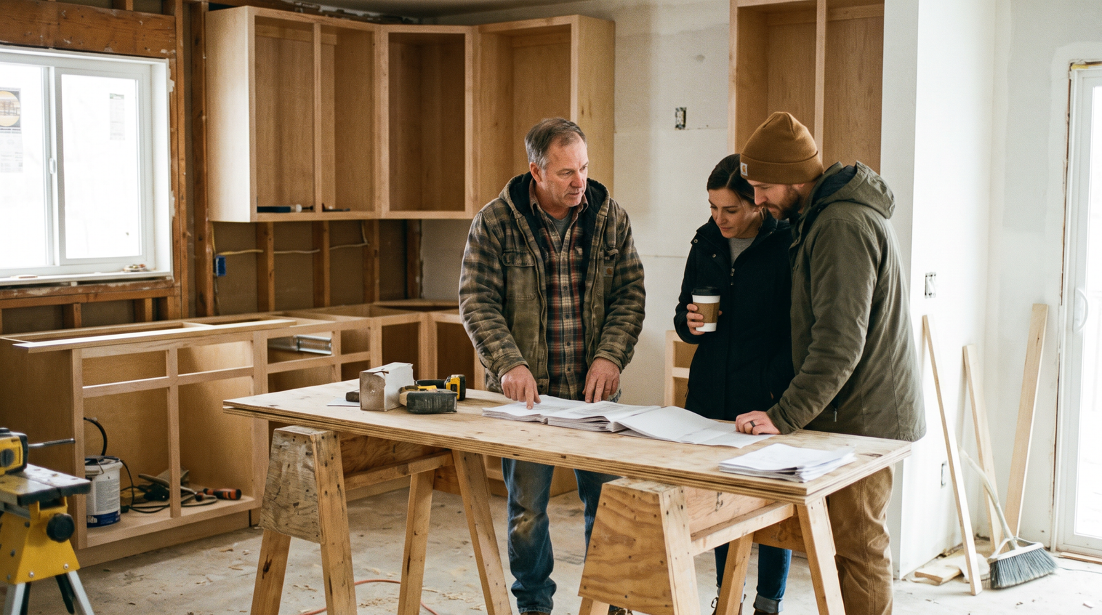 Contractor marketing services checklist reviewed by a general contractor and homeowners at a kitchen renovation