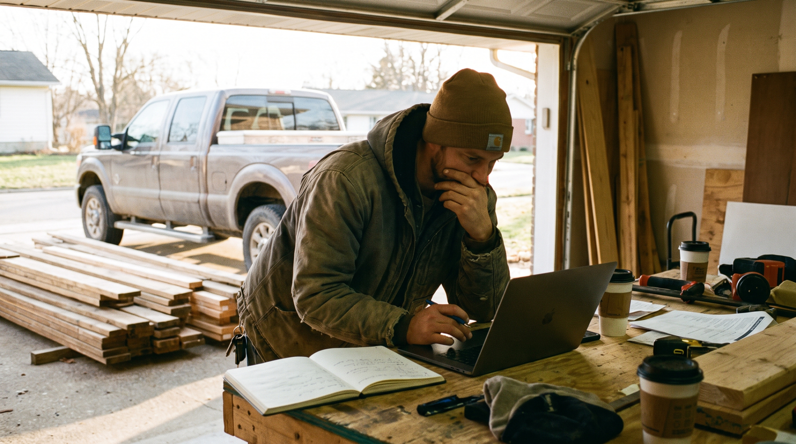 Construction company owner planning marketing at a shop workbench with a pickup truck and lumber behind