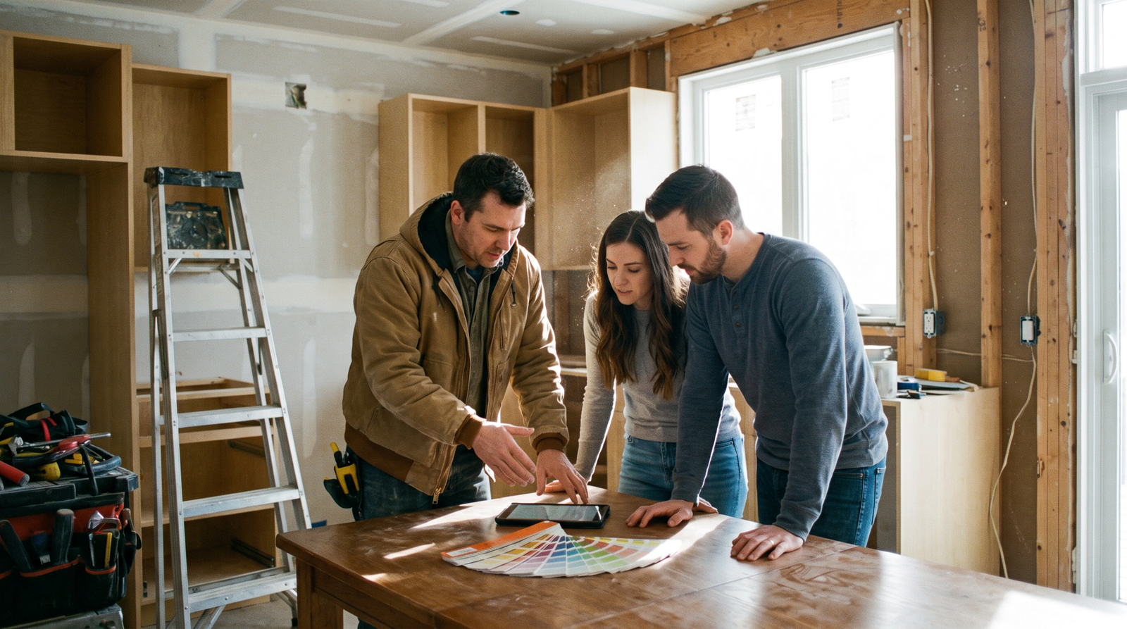 Contractor and homeowners reviewing a kitchen renovation with a tablet and paint samples