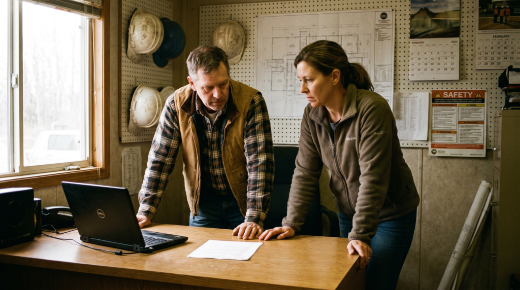 Contractor marketing strategy starts with an owner and office manager reviewing a one-page plan in a job trailer