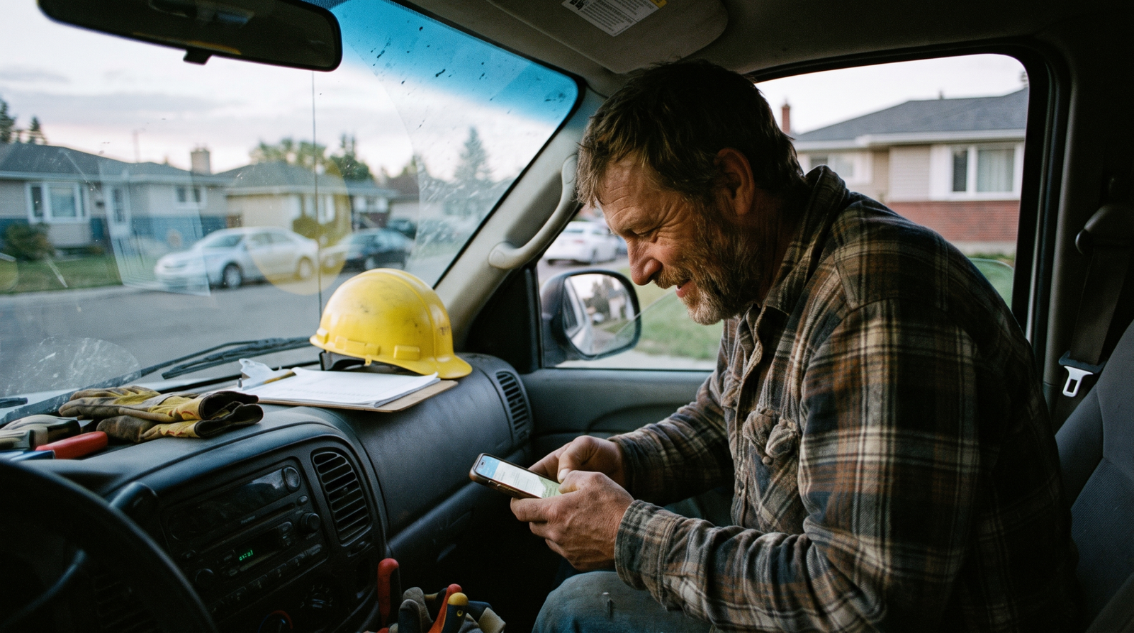 Contractor in his work truck reading customer text message replies at the end of the day