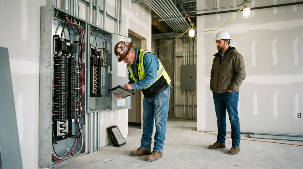 Electrical contractor marketing: an electrician reviewing a tablet beside an open service panel in a commercial tenant space