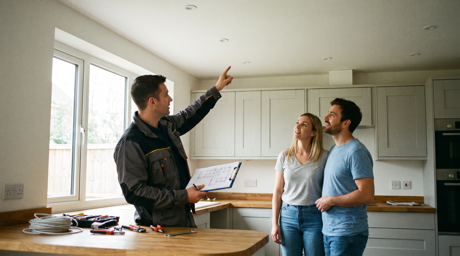 Electrician explaining a lighting and panel upgrade plan to homeowners in a renovated kitchen