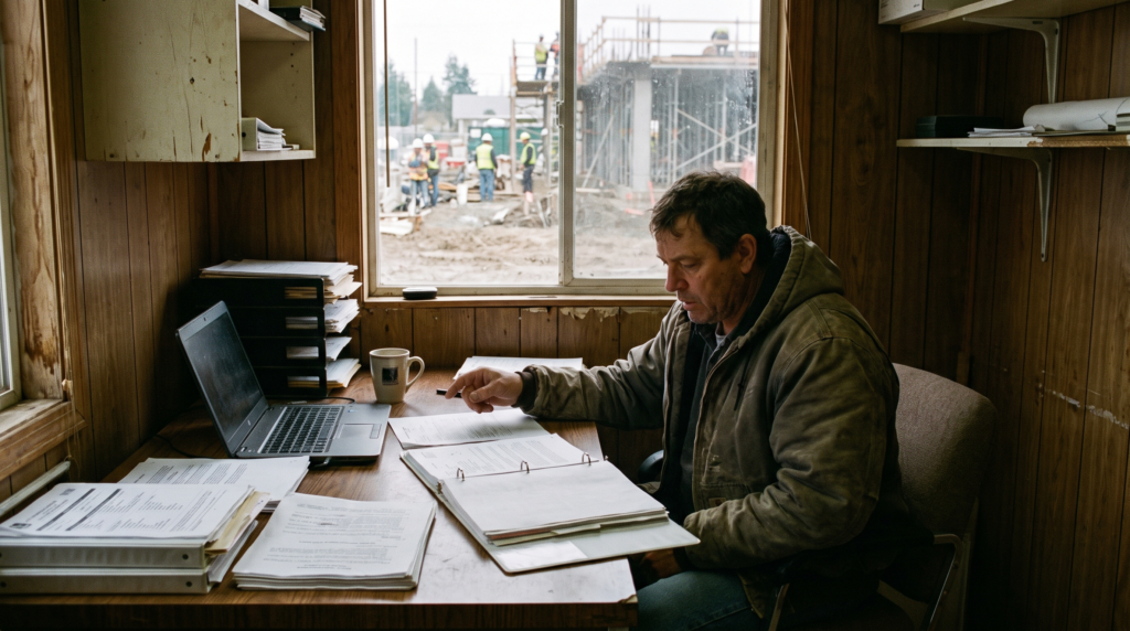 A general contractor estimator preparing a bid package, a core part of general contractor marketing