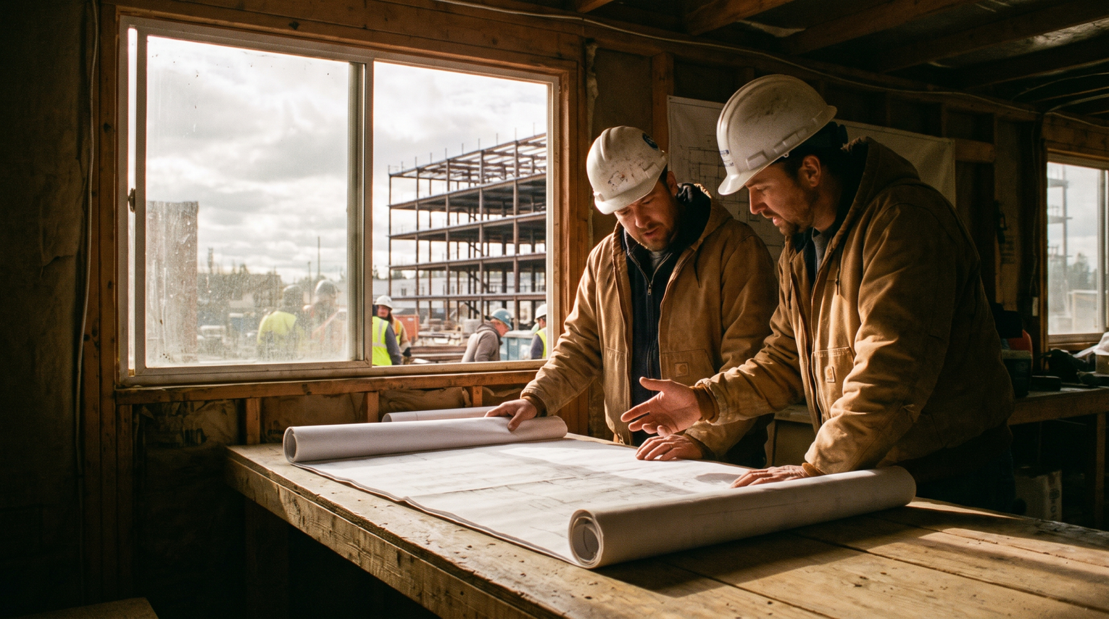 A project manager and owner's representative reviewing drawings in a site trailer