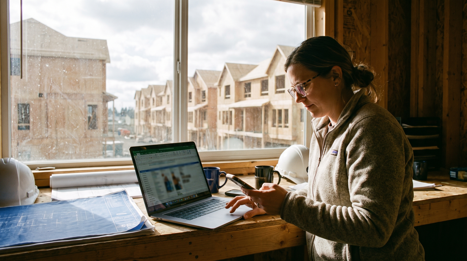 A home builder sales manager checking the buyer pipeline on a laptop and phone