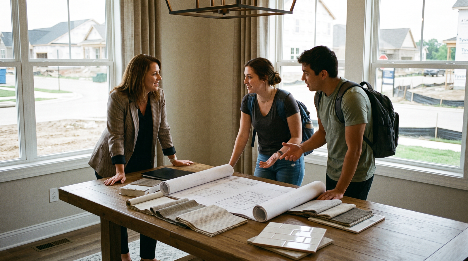 Home builder sales manager reviewing a community plan and finish samples with a couple in a model suite