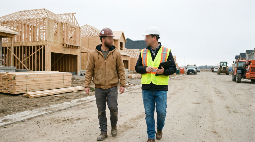A home builder marketing plan starts with a builder and superintendent walking a community under construction