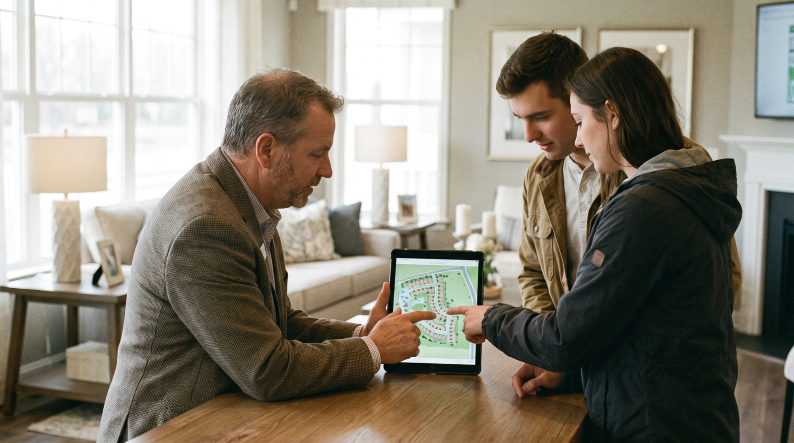 Home builder marketing strategies in action as a sales manager reviews community site plans with a young couple