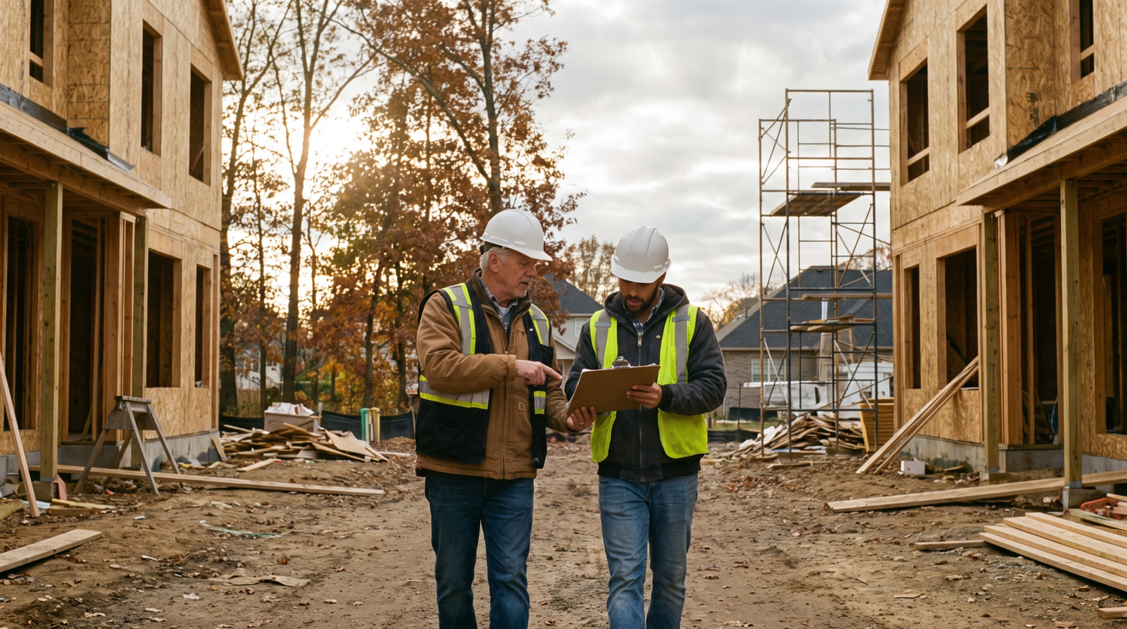 Builder and site superintendent walking a framed townhome community in autumn light