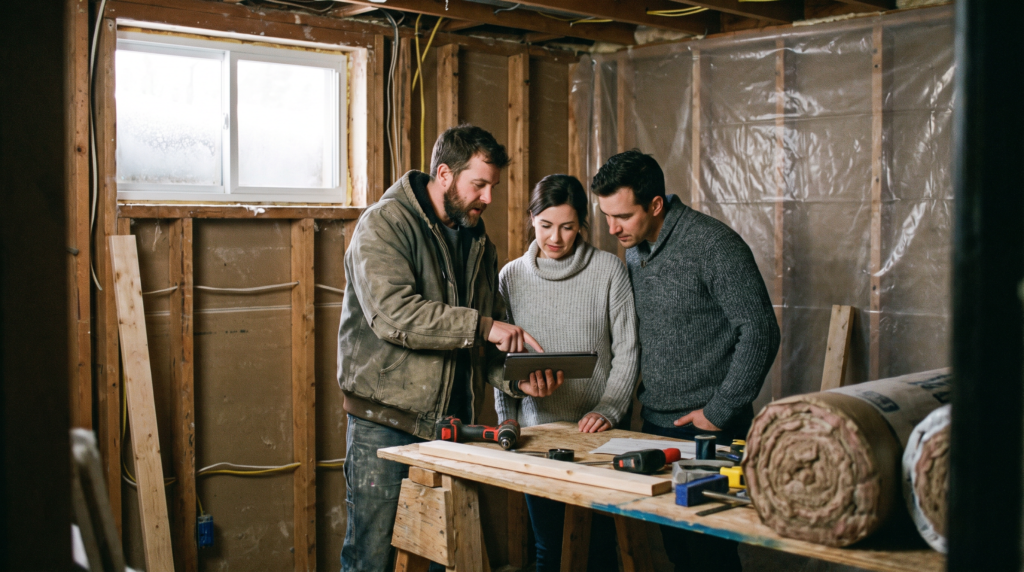 Remodeling contractor reviewing plans with a couple in a basement, part of a home remodeling marketing strategy