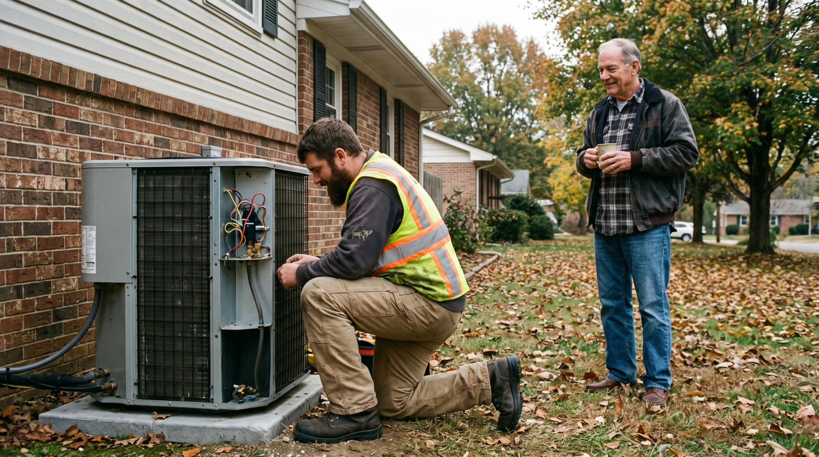 HVAC contractor marketing in practice: a technician servicing a heat pump while a homeowner looks on
