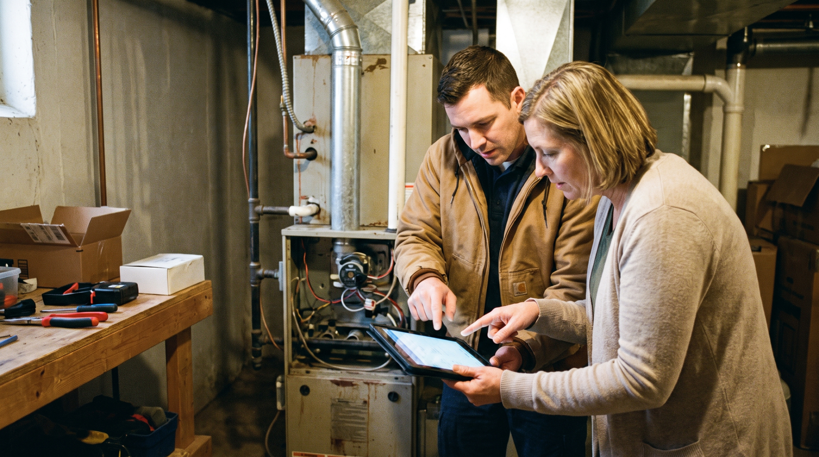 An HVAC contractor reviewing a furnace maintenance plan with a homeowner in a basement