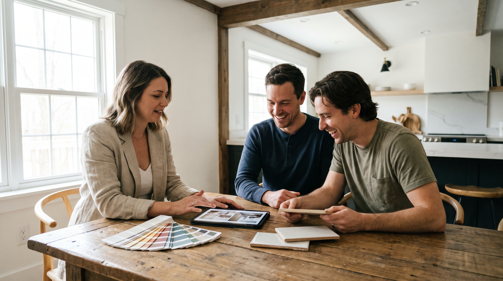 Interior designer reviewing a mood board and tile samples with a homeowner couple at a dining table