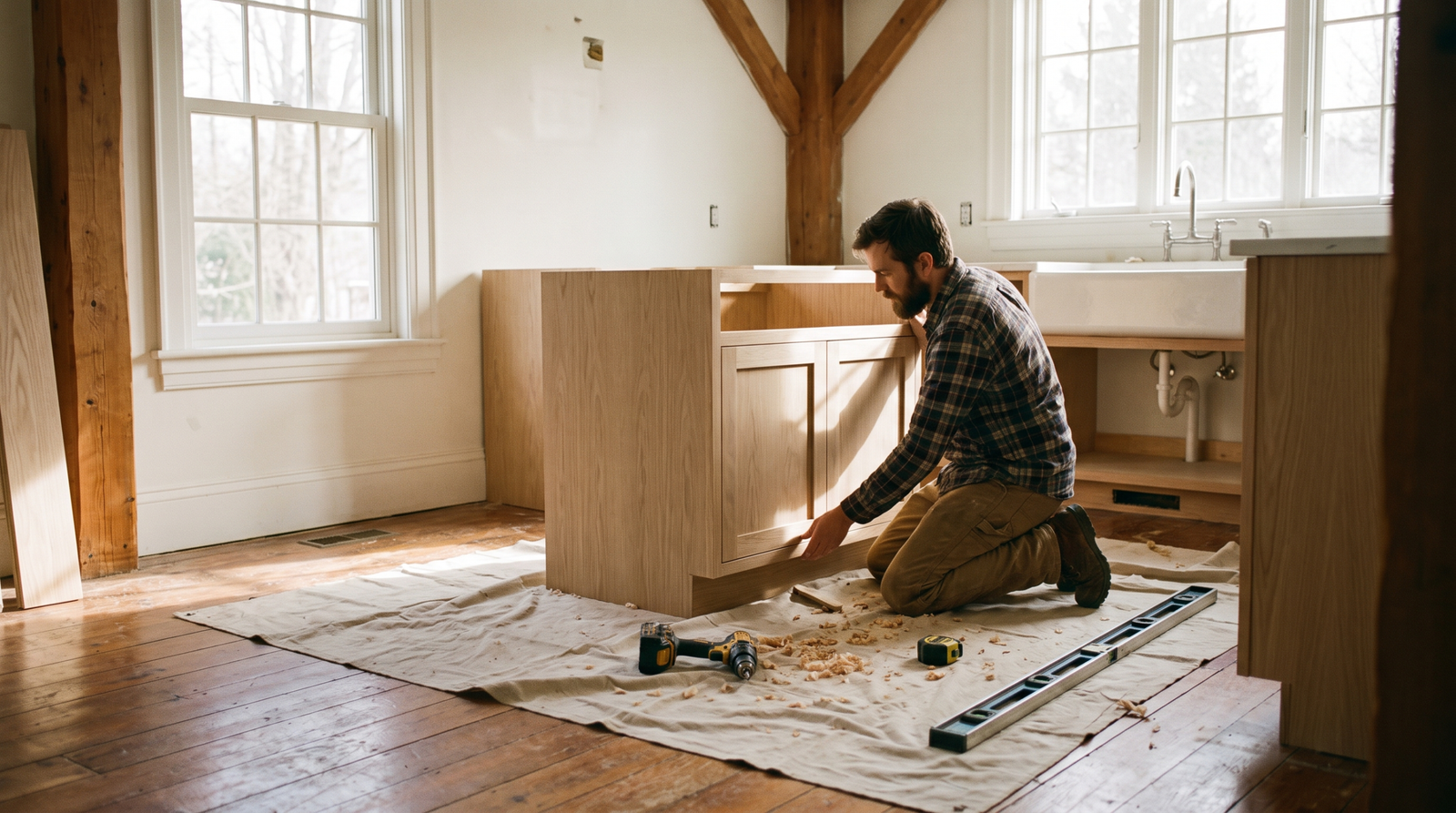 Carpenter installing shaker cabinets in a renovated kitchen