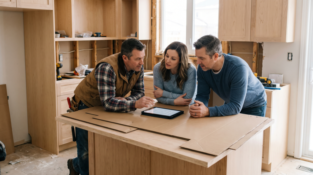 Kitchen remodeling marketing starts with a contractor and homeowners reviewing kitchen plans on a tablet