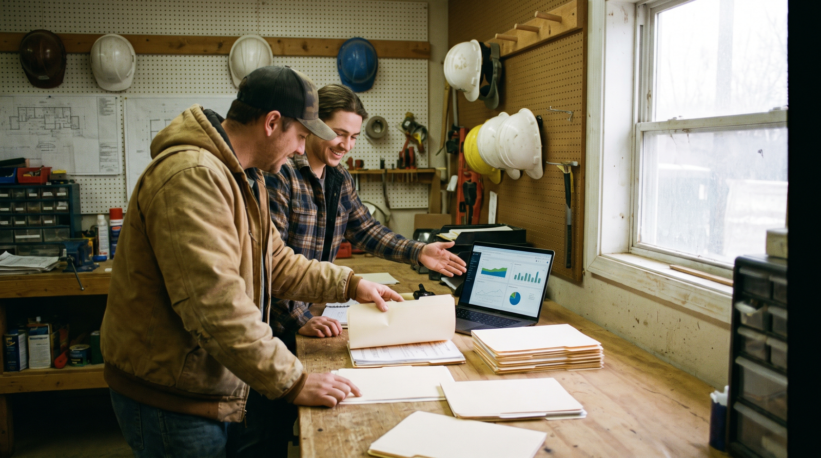 Contractor office team comparing paper lead folders with a laptop dashboard of enquiries