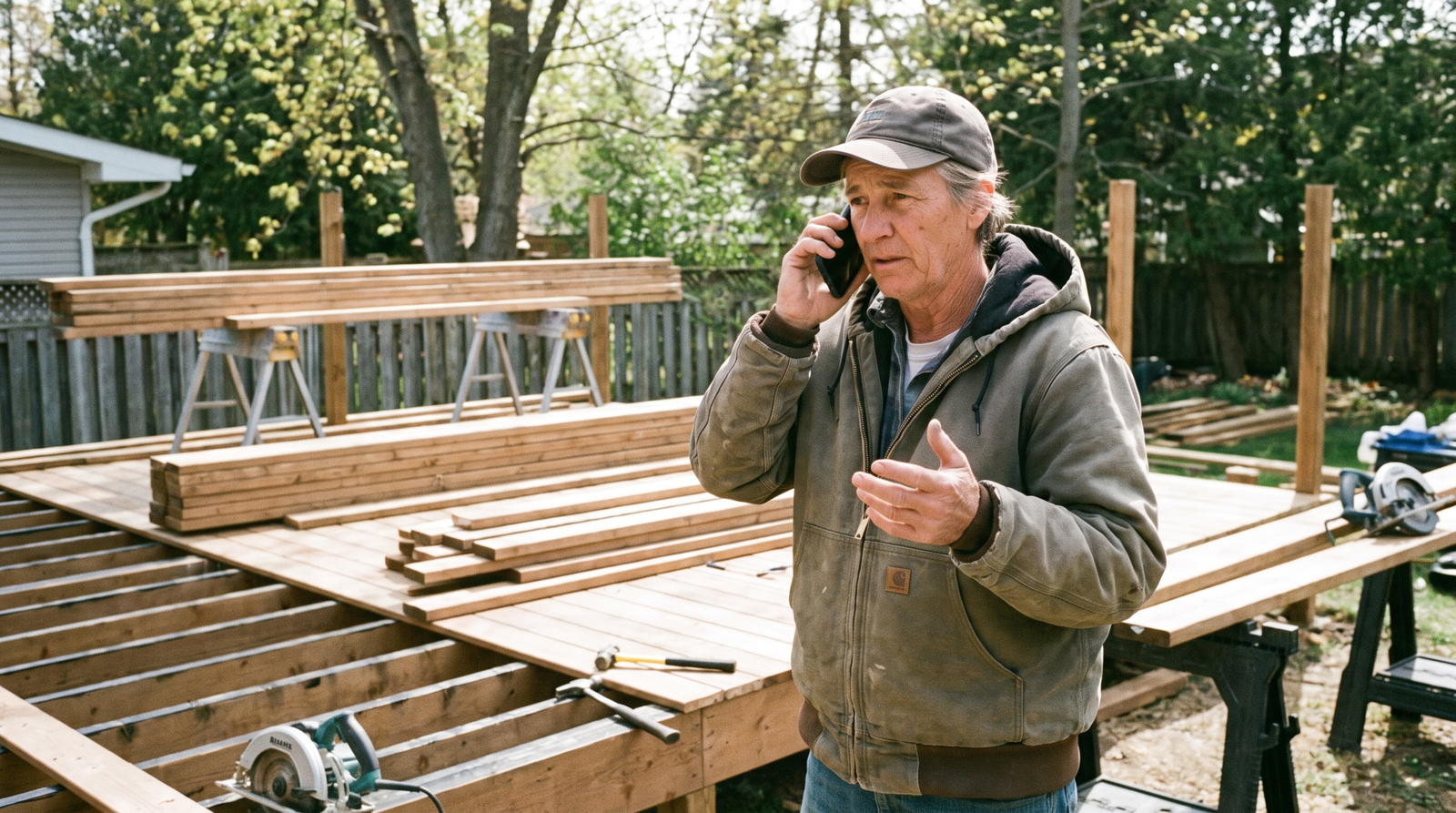 Leads for contractors: a deck builder answering a new job enquiry by phone at a backyard project