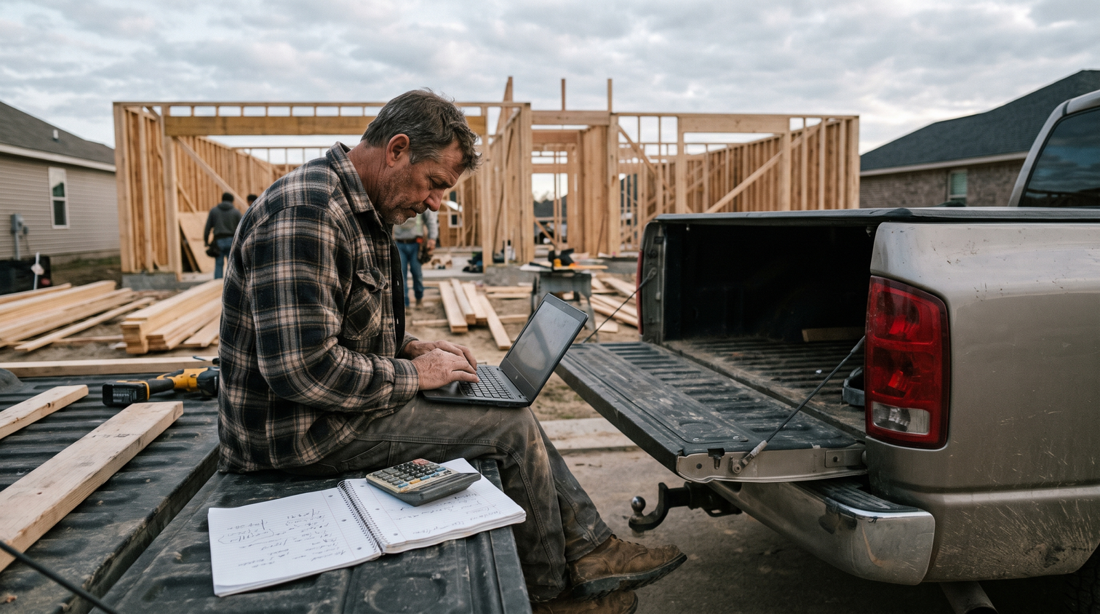 Contractor planning a marketing budget on a truck tailgate at a residential job site
