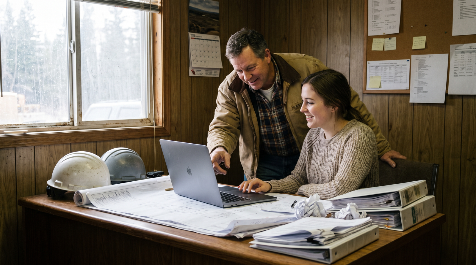 Contractor owner and marketing coordinator comparing a marketing agency vs in-house marketer using lead reports