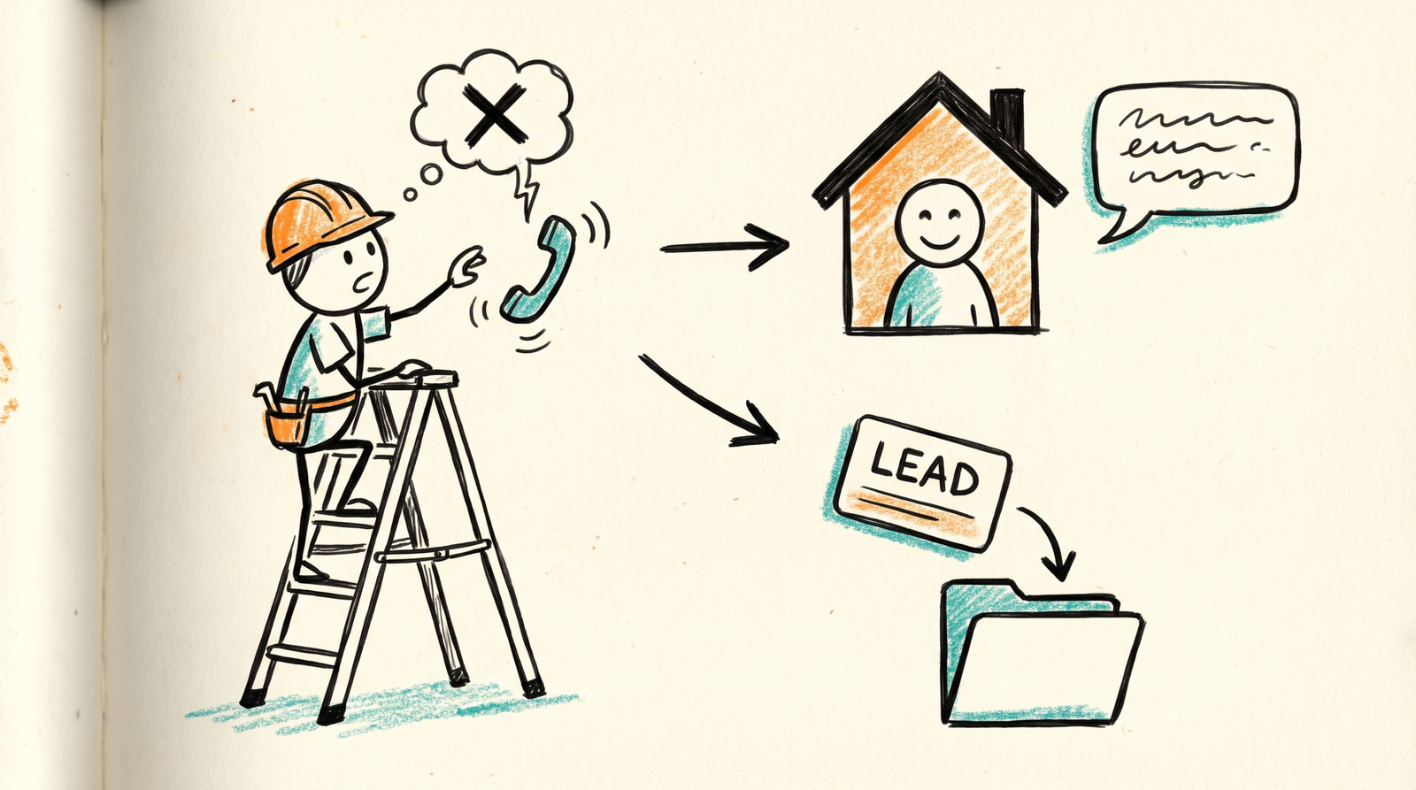 Hand-drawn doodle of a contractor on a ladder, a missed call turning into a text message and a lead card landing in a folder