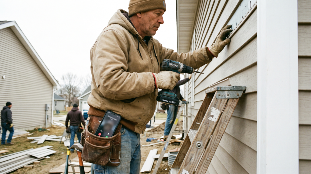 Contractor on a ladder with a ringing phone in his pocket, the problem missed call text back for contractors solves