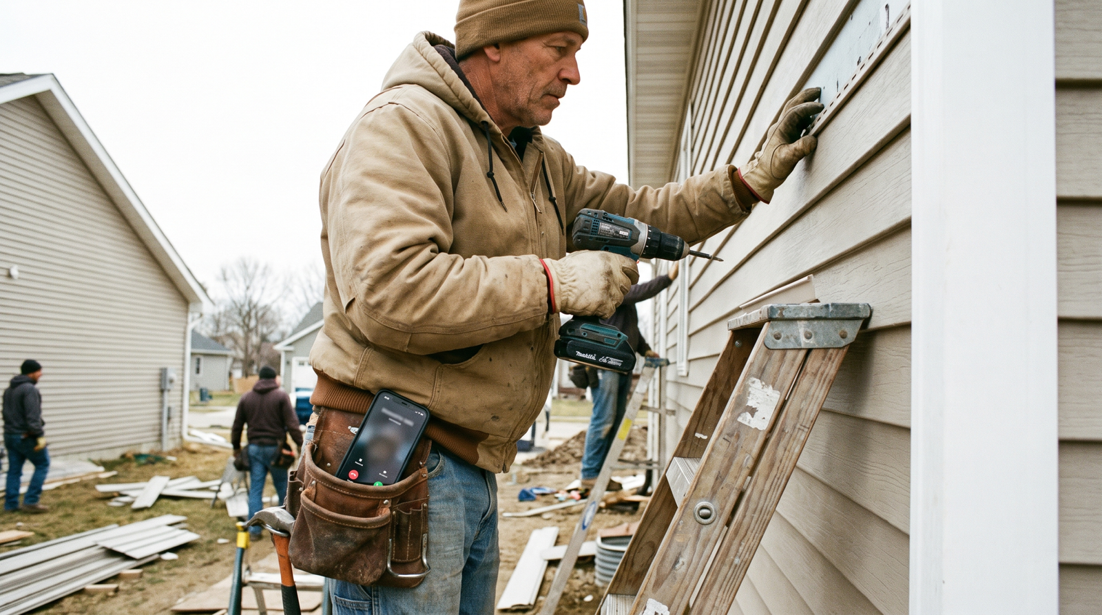 Contractor on a ladder with a ringing phone in his pocket, the problem missed call text back for contractors solves