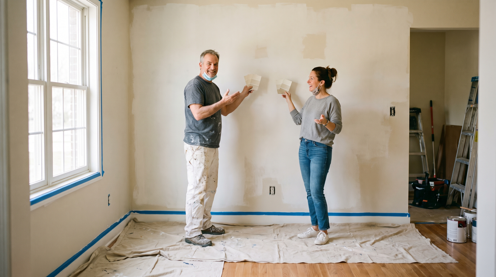 Painting contractor and homeowner comparing colour swatches against a prepped living room wall