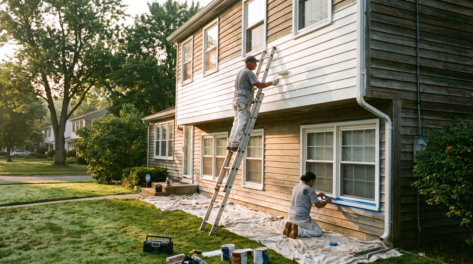 Painting contractor marketing: a house painter rolling fresh paint onto the exterior of a two-storey suburban home