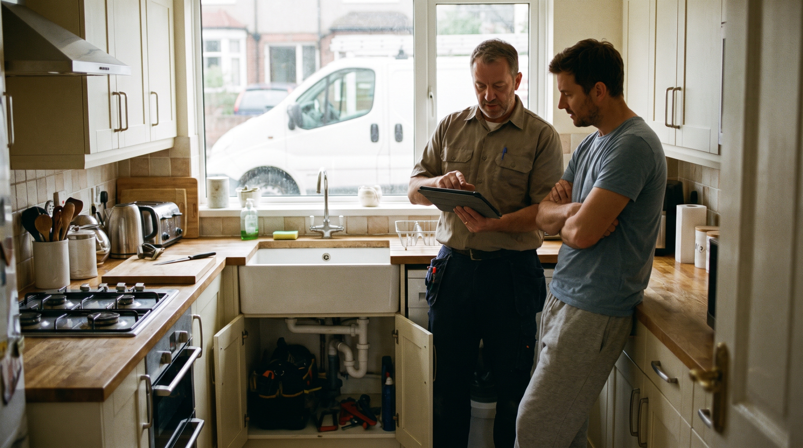 Plumber explaining a repair estimate on a tablet to a homeowner at a kitchen sink