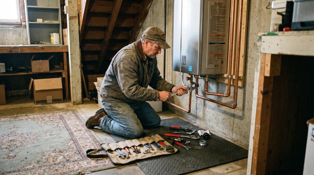 Plumbing contractor marketing: a plumber checking pipe connections on a new tankless water heater in a home basement