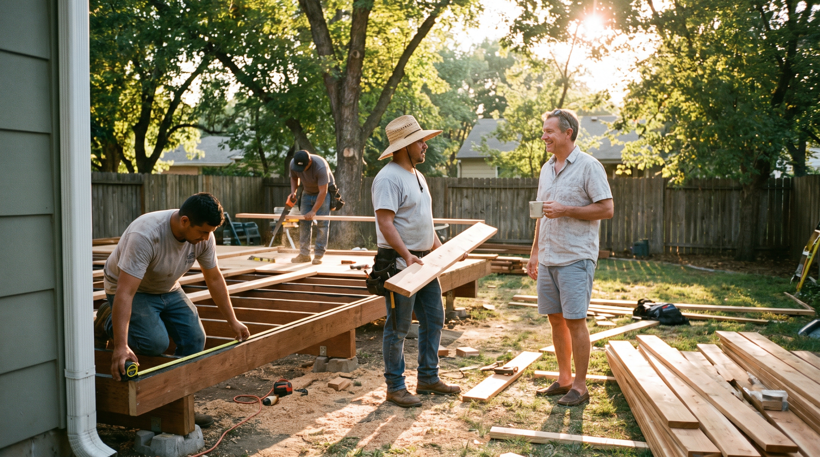 Remodeling crew building a cedar backyard deck in summer sunlight