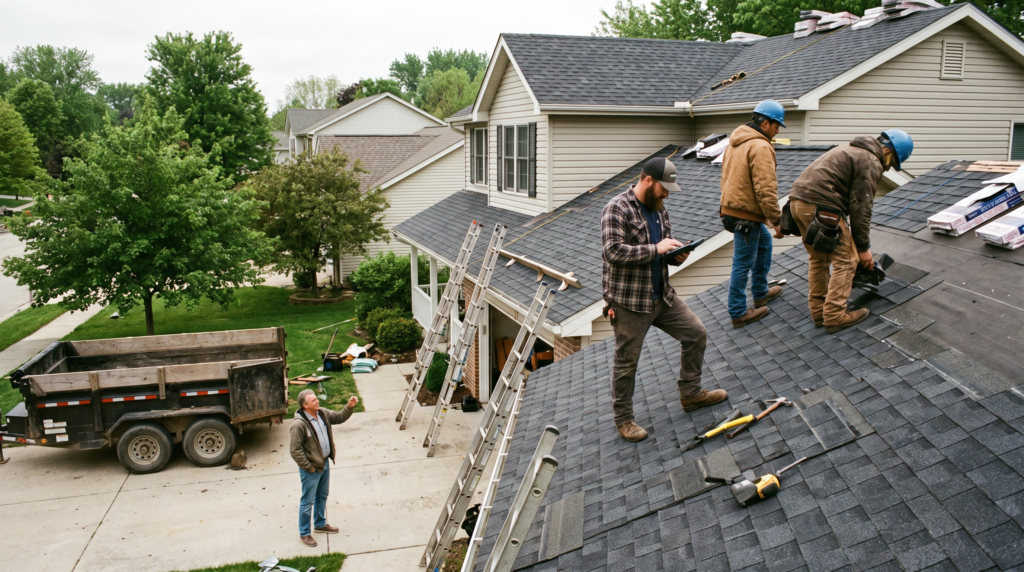 Roofing contractor marketing in practice: a roofing crew installing shingles while the homeowner checks progress