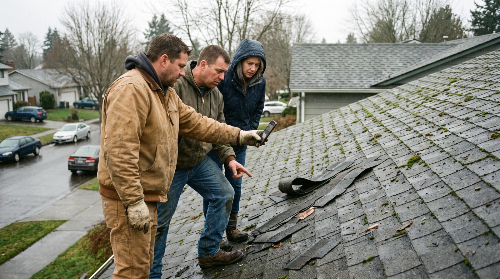 A roofer photographing storm damage on shingles while a homeowner looks on