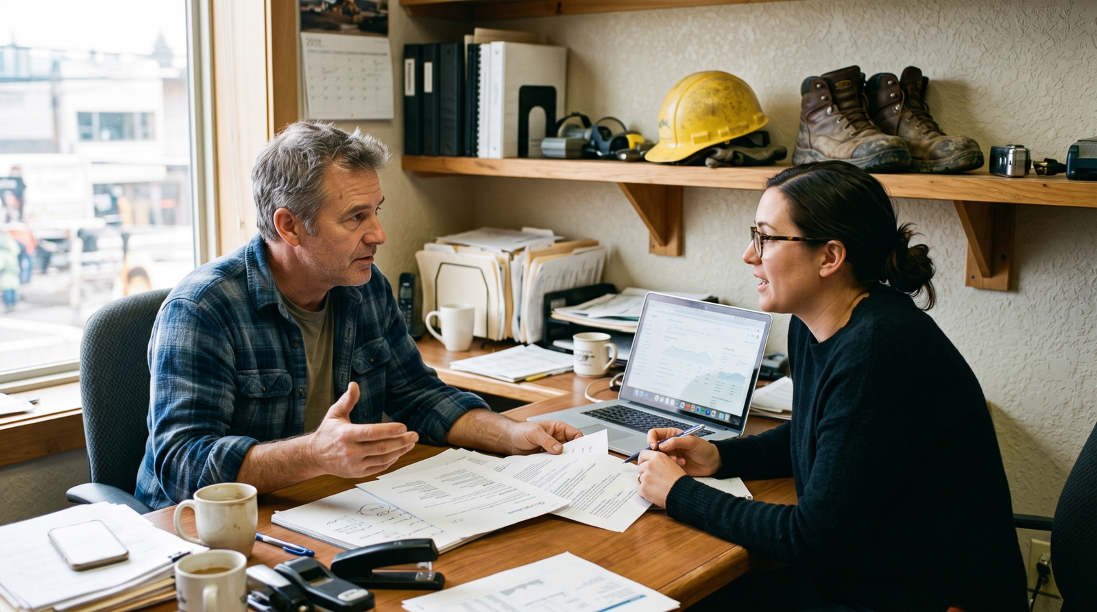 SEO for contractors: a roofing company owner reviewing Google search results with a marketing consultant