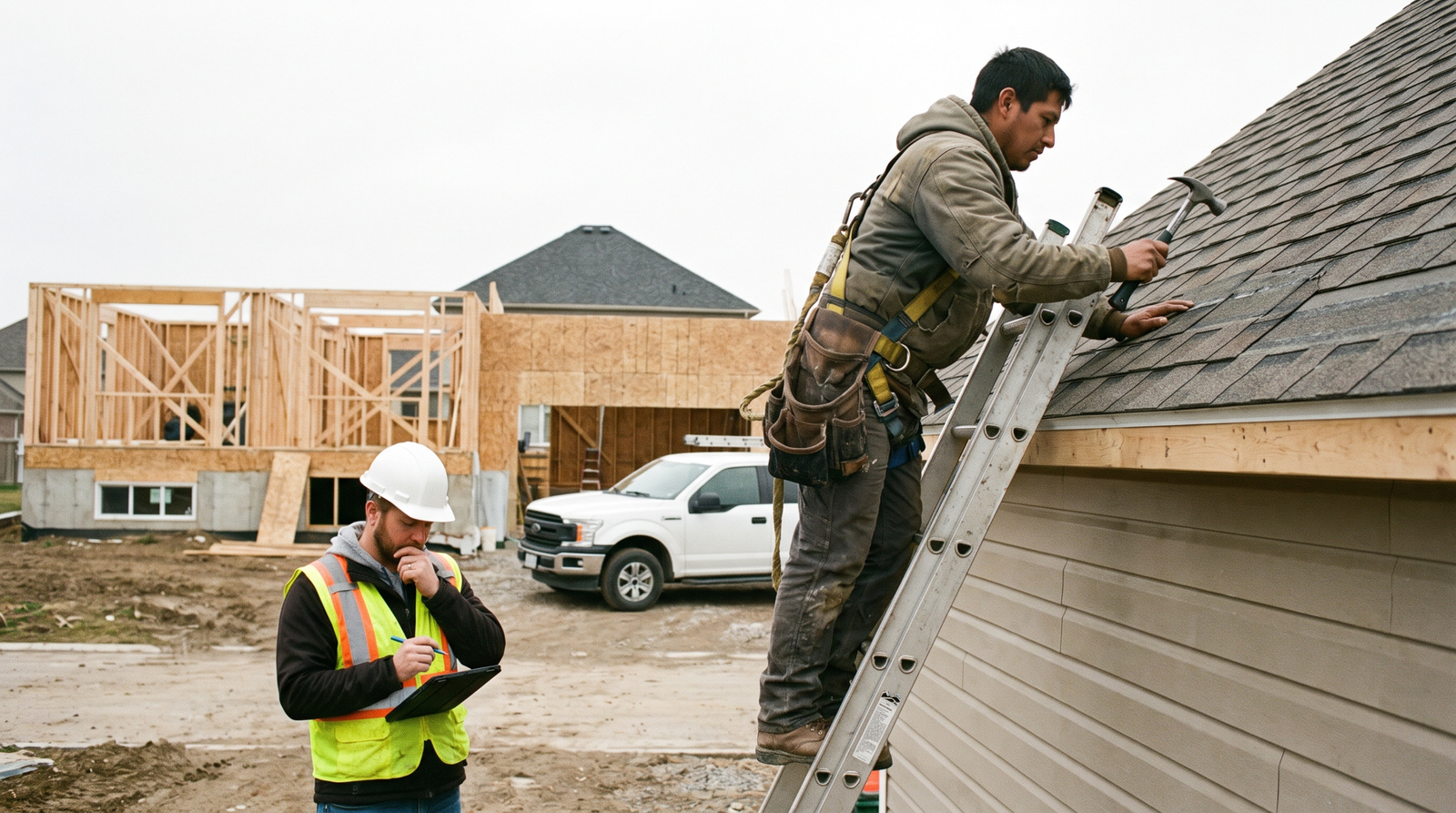 Roofing crew on a residential job site while the project lead records project details for web content