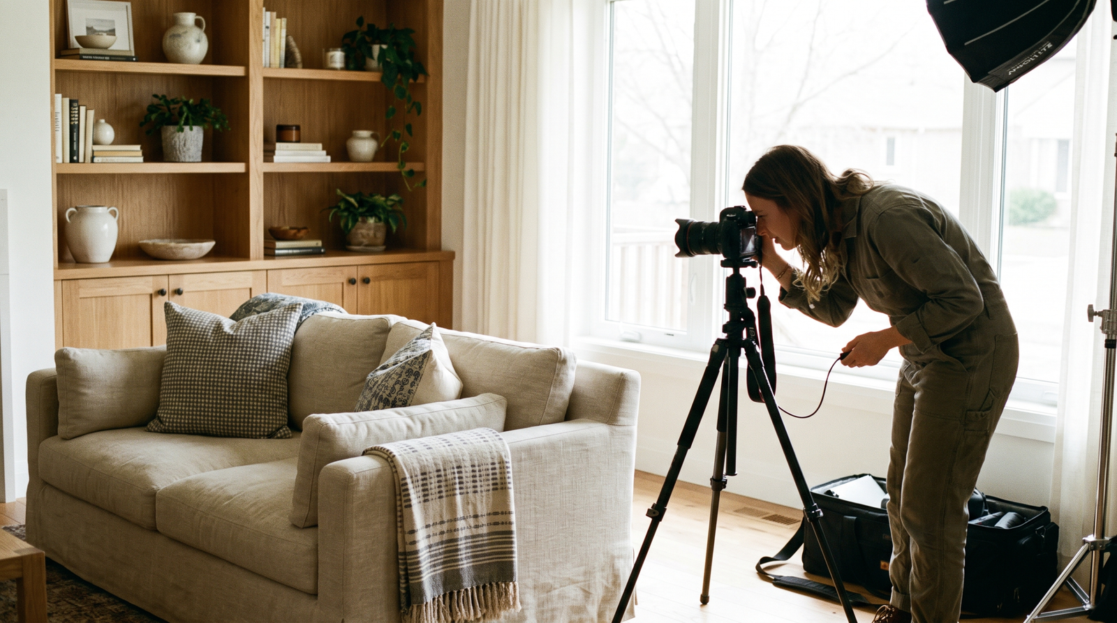 Interior designer photographing a finished living room project for a portfolio