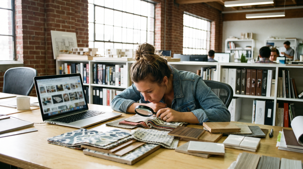 SEO for interior designers begins with a designer reviewing search results beside material samples