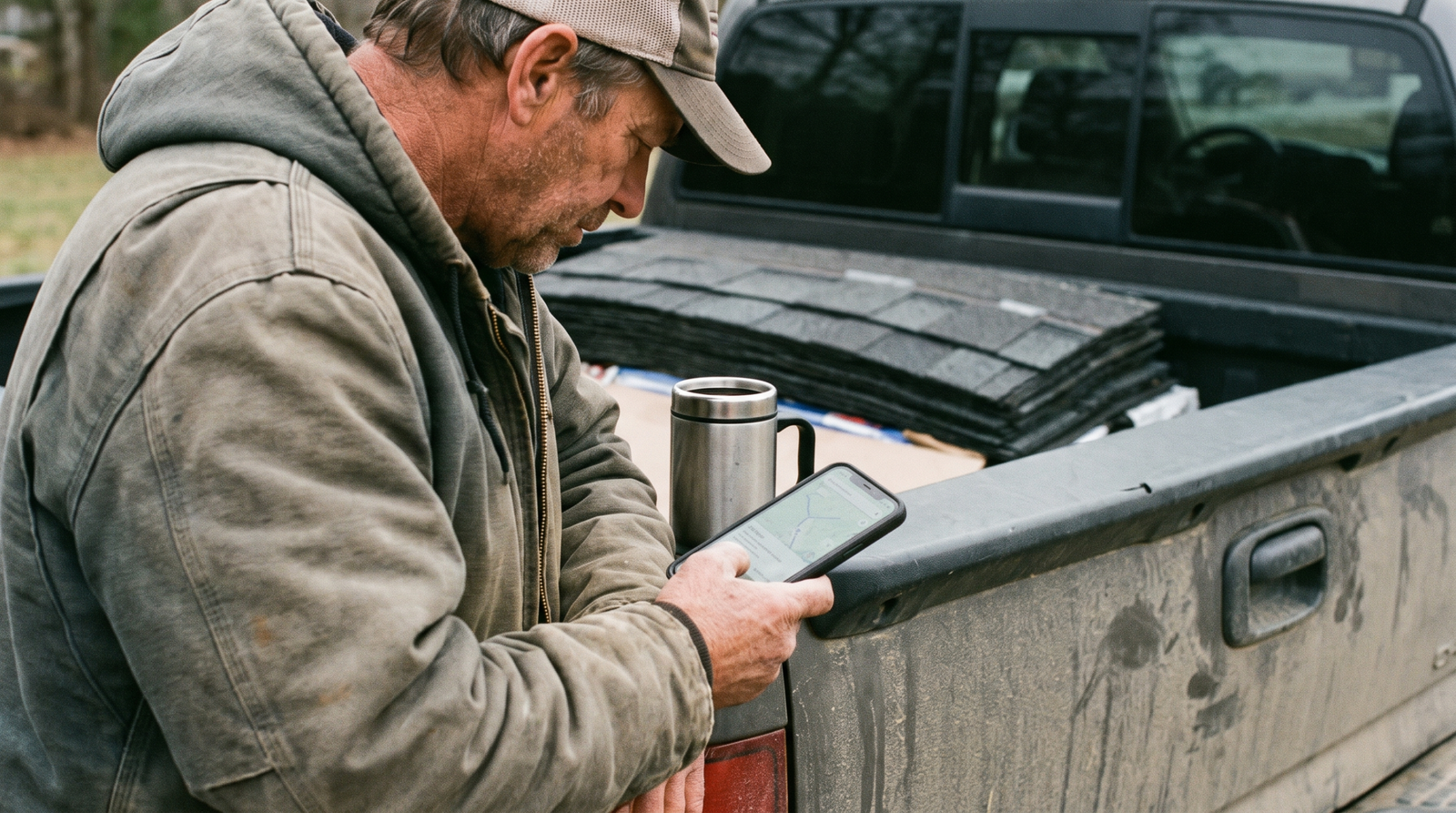 Roofing company owner at a truck tailgate checking a map and customer reviews on a phone