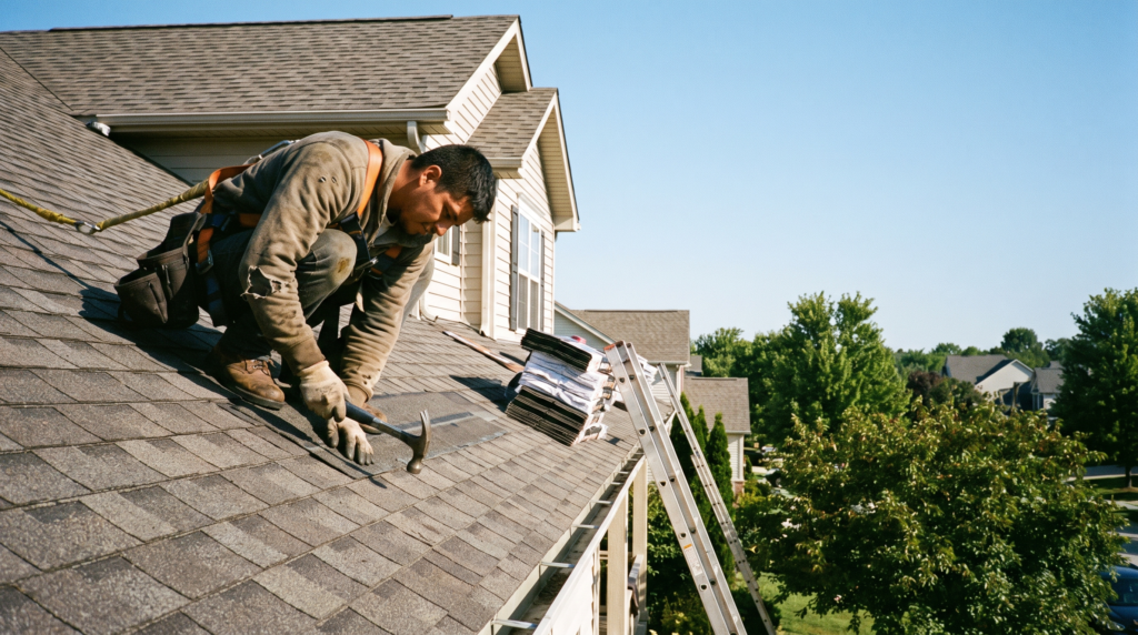 SEO for roofers begins with real work: a roofer in a harness installing asphalt shingles on a suburban home