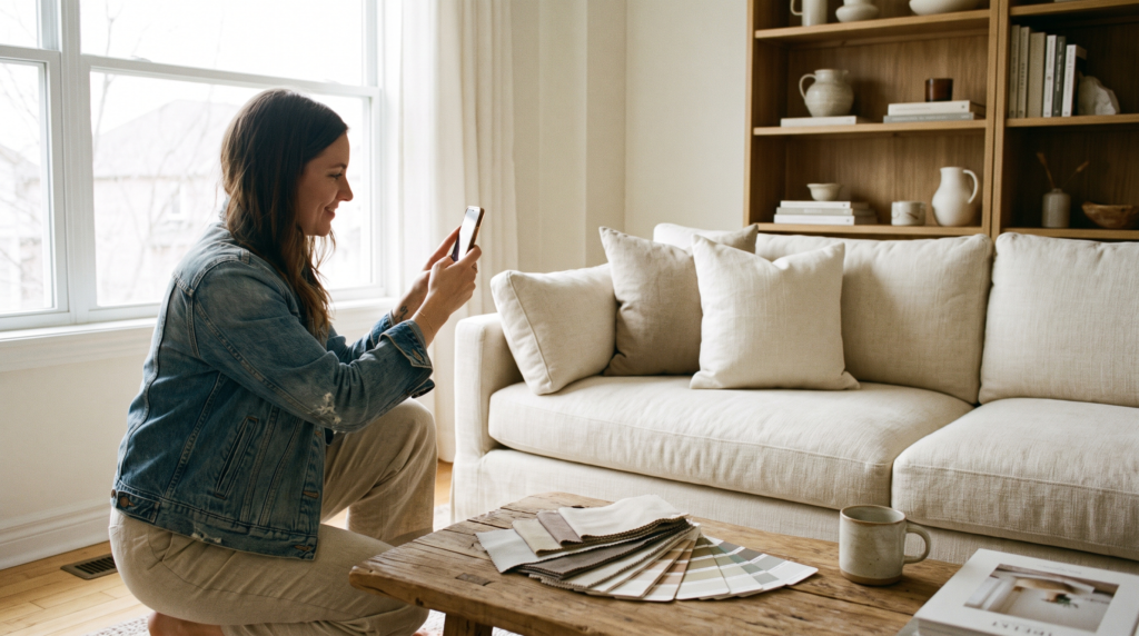 Interior designer photographing a styled living room, an example of social media marketing for interior designers